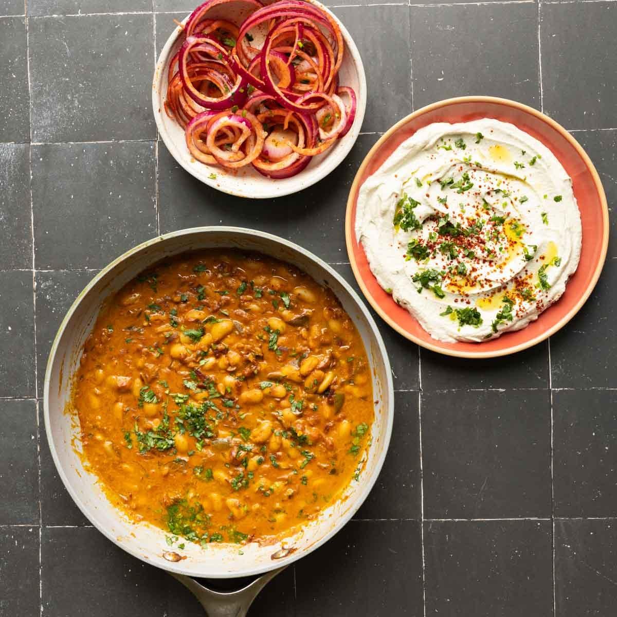 Chili Ginger Garlic Beans (Majestic Beans) with Whipped Cumin Tofu and Onion Salad