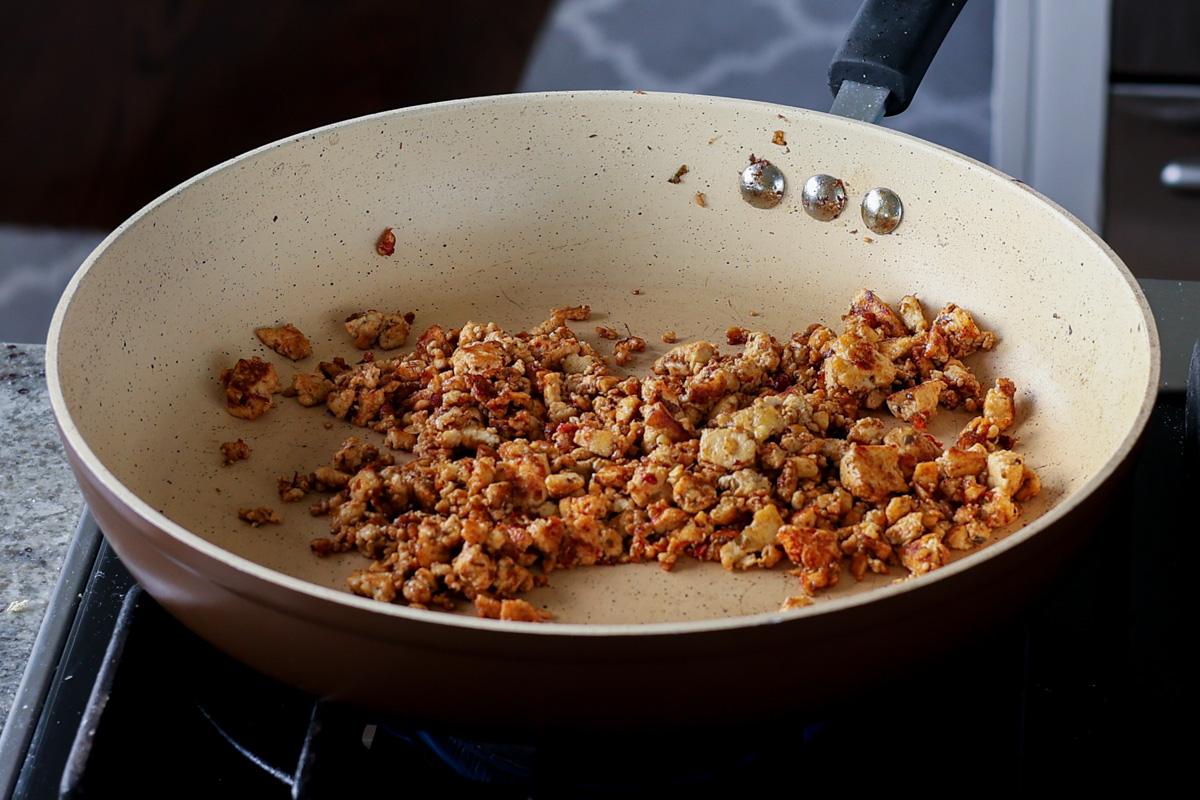 cooking crispy tofu crumble in the pan