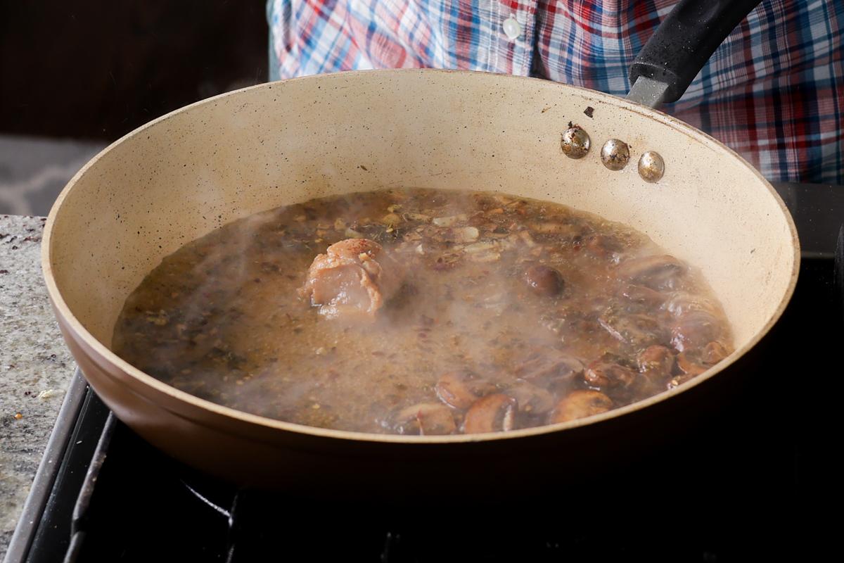adding miso and stock to the pan