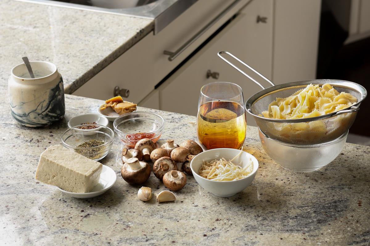 chili miso pasta ingredients on the kitchen counter