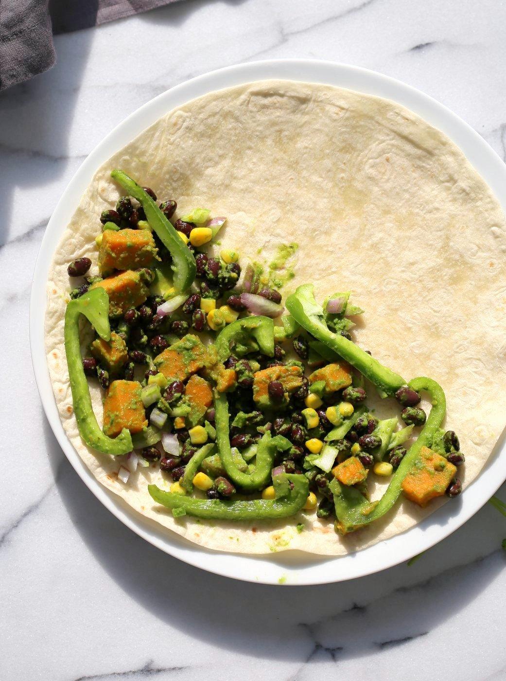 Chimichurri Sweet Potato Black Bean Quesadilla - 10 minute Grilled Quesadillas with Beans. Roasted Sweet Potatoes, Peppers and Chimichurri. #Vegan #Nutfree #Soyfree #Recipe. Can be #Glutenfree #veganricha ! VeganRicha.com