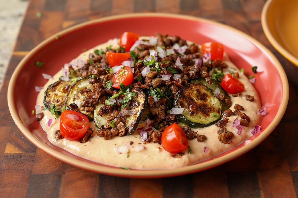 chipotle whipped tofu, roasted zucchini, and crispy lentils bowls