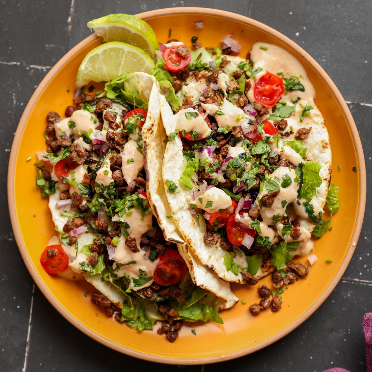 Creamy Chipotle Whipped Tofu with Crispy Lentils and Roasted Zucchini