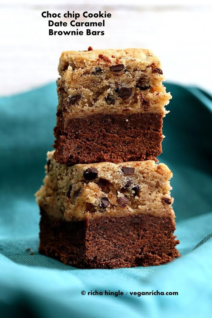 Chocolate Chip Cookie Date Caramel Brownie Bars. Vegan Recipe