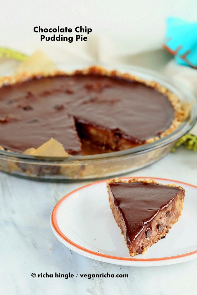 Chocolate Chip Pudding Pie with Chocolate Ganache and Almond Date Crust. Vegan Glutenfree Soyfree Recipe