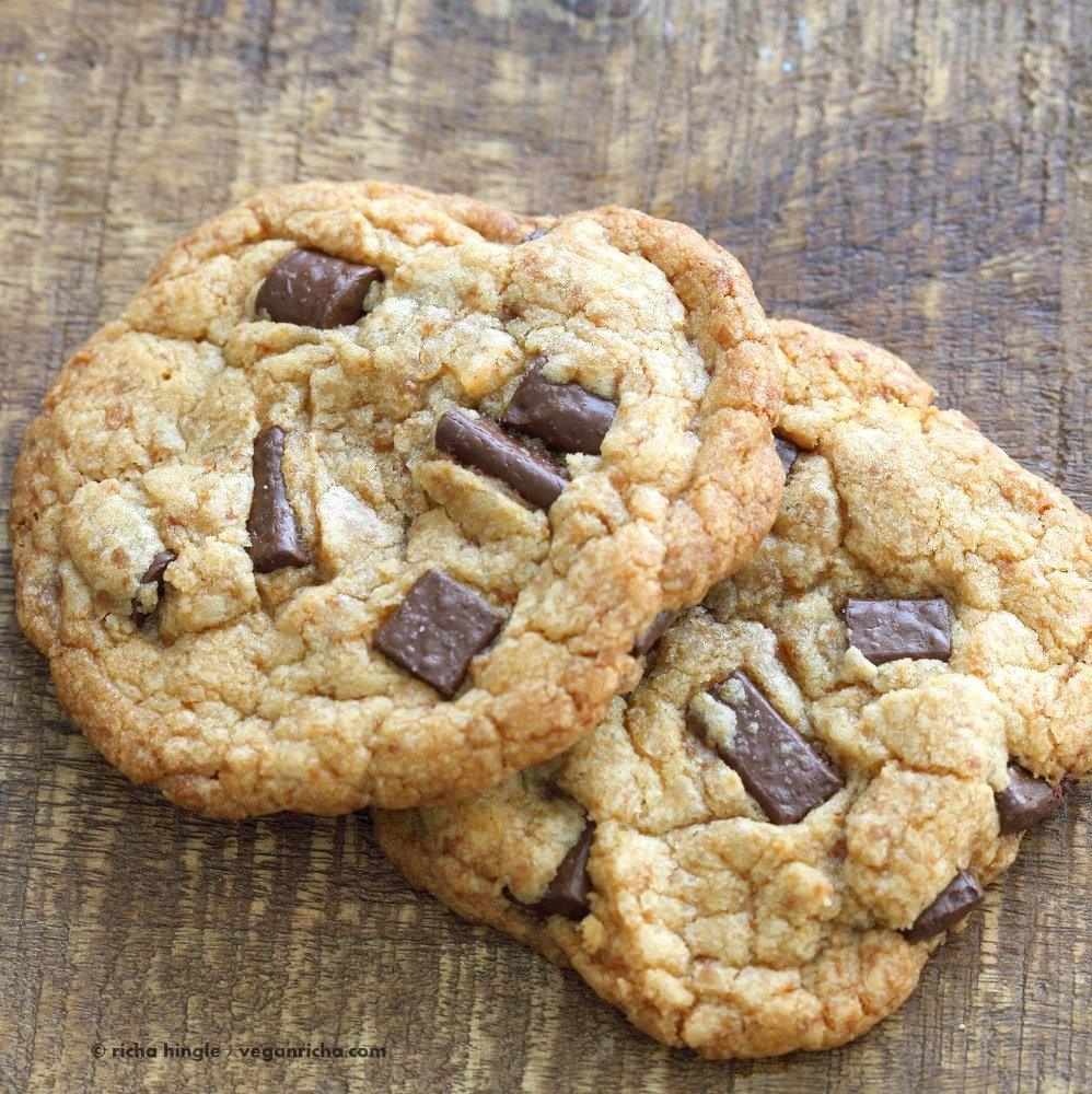 Vegan Chocolate Chunk Cookies for two or for 1. Easy Chocolate chip cookies that make 2 large cookies. Vegan Soyfree Palm Oil-free Recipe | VeganRicha.com