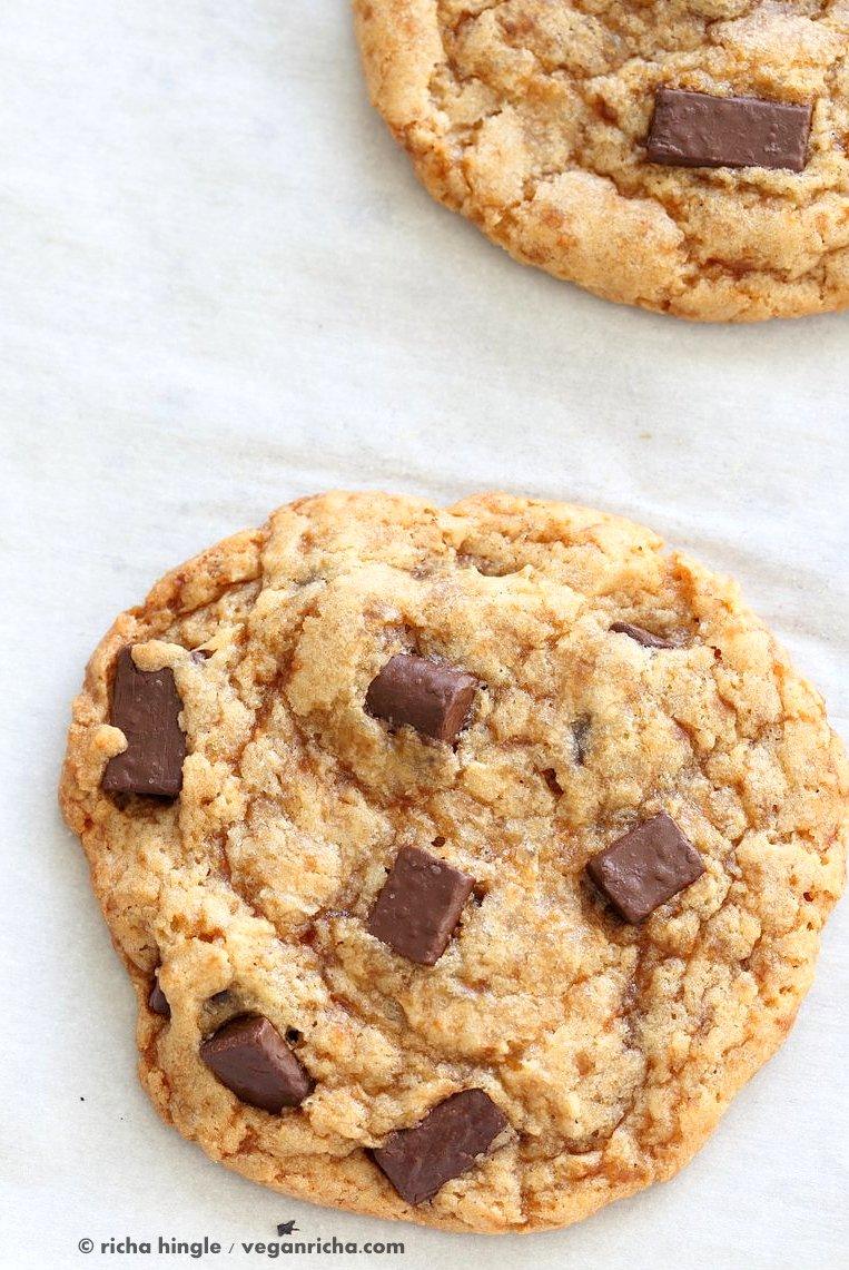 Vegan Chocolate Chunk Cookies for two or for 1. Easy Chocolate chip cookies that make 2 large cookies. Vegan Soyfree Palm Oil-free Recipe | VeganRicha.com
