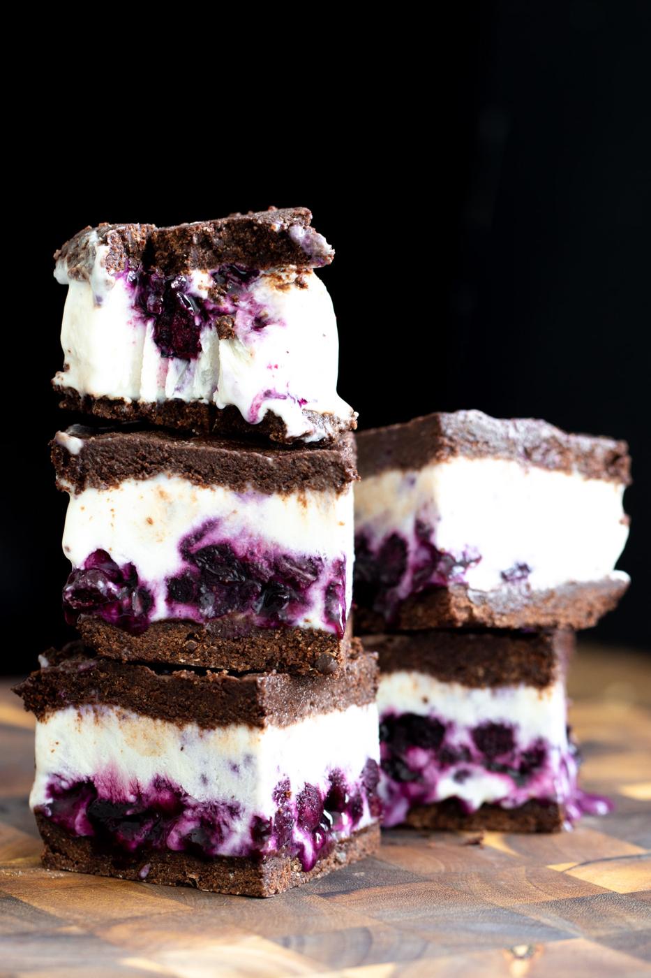 Chocolate Vanilla Ice Cream Sandwiches with Blueberry Compote Swirl