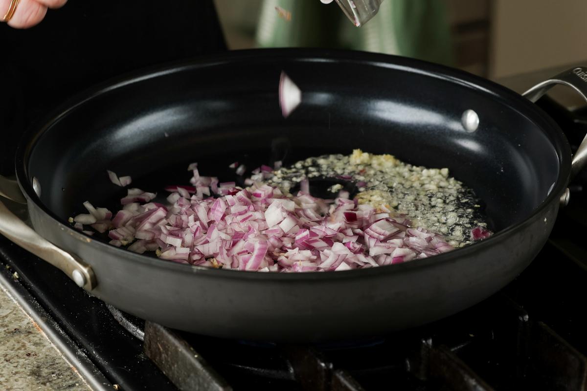 garlic and onions in the frying pan