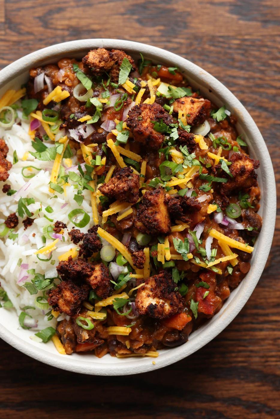 Chorizo Tofu Burrito Bowl with Smoky Red Lentil Black Beans