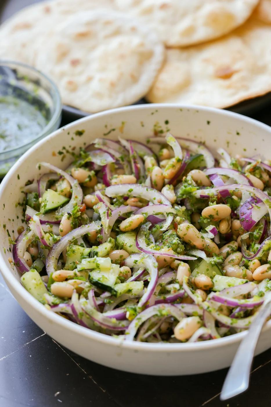 marinating white beans and veggies in green chutney