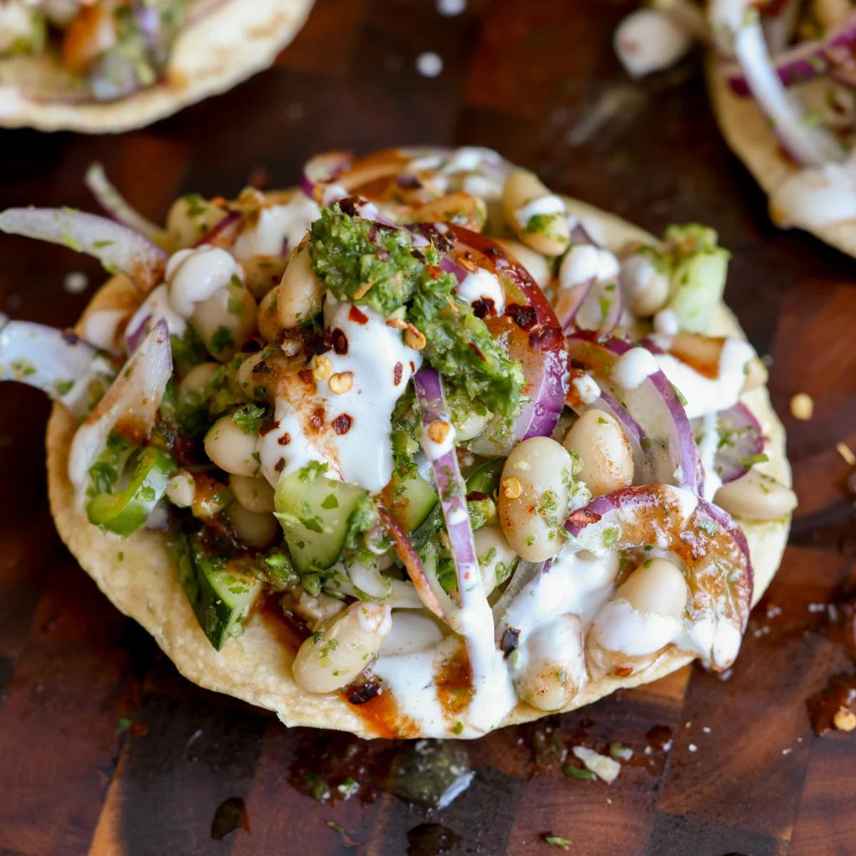 Cilantro Mint Chutney White Beans over Crispy Tostadas (no-cook! Papri Chaat inspired)