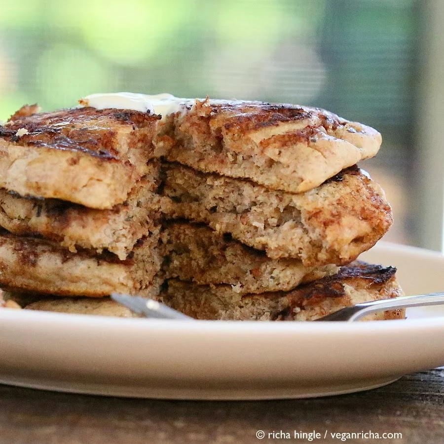 These Vegan Cinnamon Roll Pancakes use my multi-grain pancake mix. Delicious breakfast with With swirls of cinnamon sugar. soy-free, vegan recipe