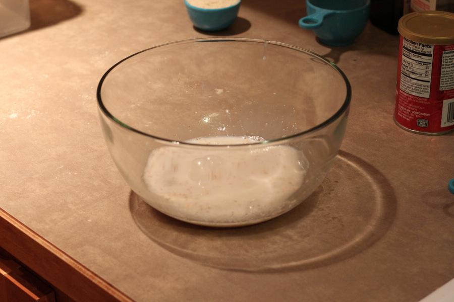 yeast being mixed with water, flax meal and sugar to make vegan cinnamon rolls