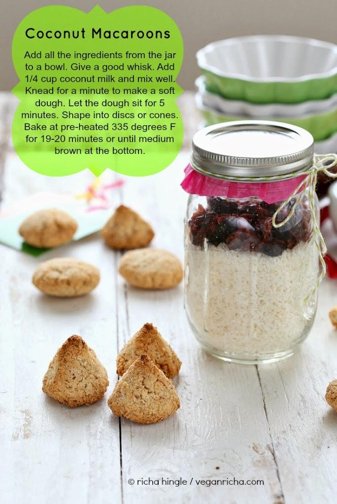 picture of a jar of gluten-free coconut macaroons cookie mix ready for gifting with text overlay giving instructions for baking cookies with the mix