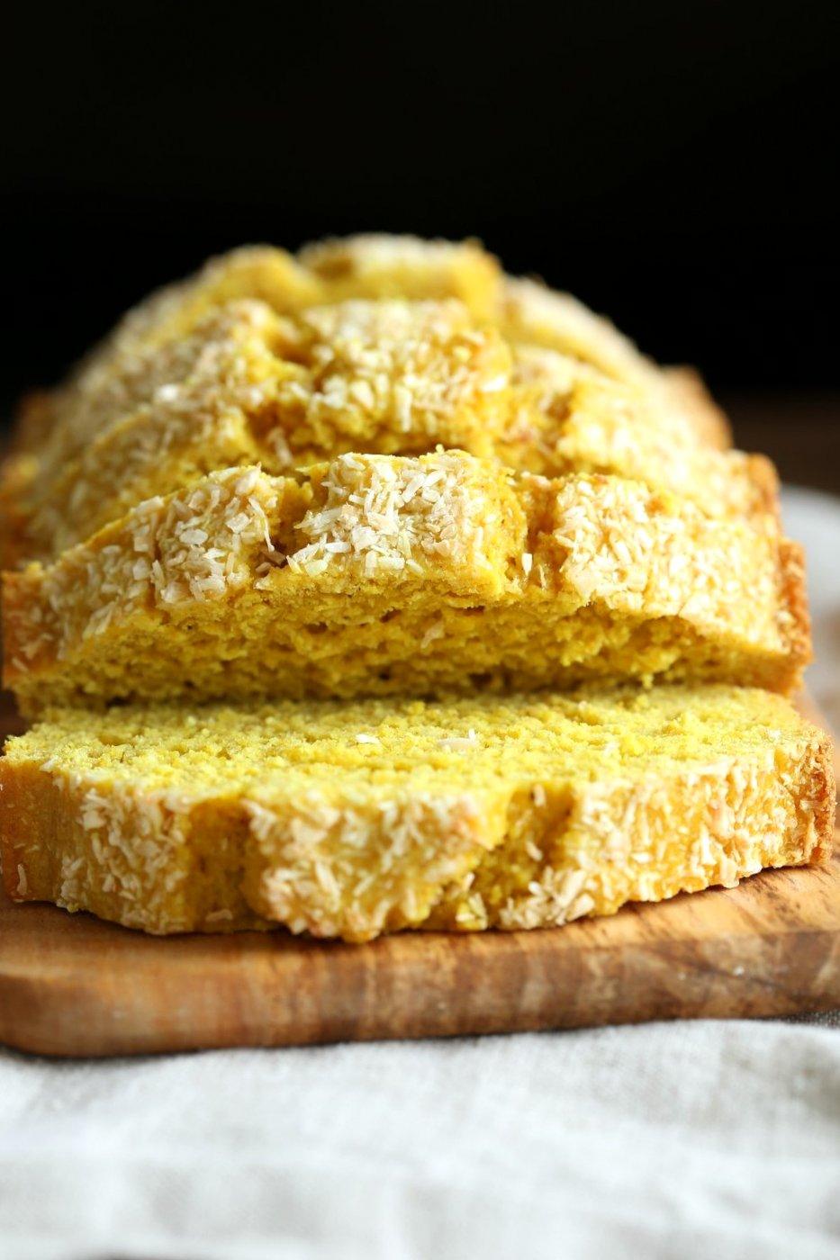 Easy 1 Bowl Coconut Turmeric Bread. Soft and Delicious 1 Bowl Golden Lemon Coconut loaf. No added oil in this cake. #Vegan #Nutfree Soyfree #Oilfree #Recipe. #veganricha | VeganRicha.com