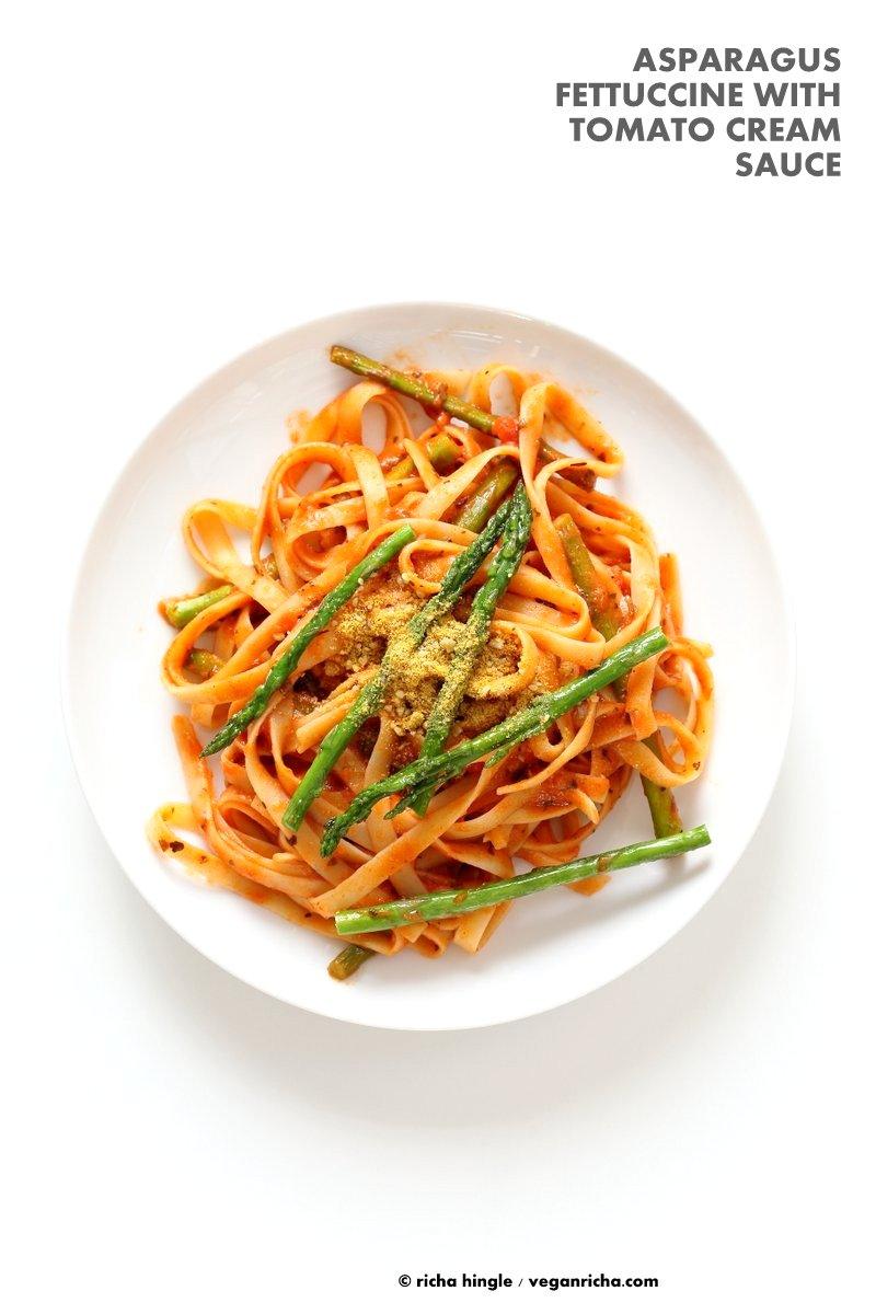 Fettuccine with Tomato Cream Sauce and Asparagus. Easy tomato Cream sauce with pasta and garlic roasted Asparagus. Use other veggies of choice. Add some chickpea chorizo or smoked coconut for variation. Vegan Soyfree Recipe. Can be gluten-free with gf pasta. | VeganRicha.com