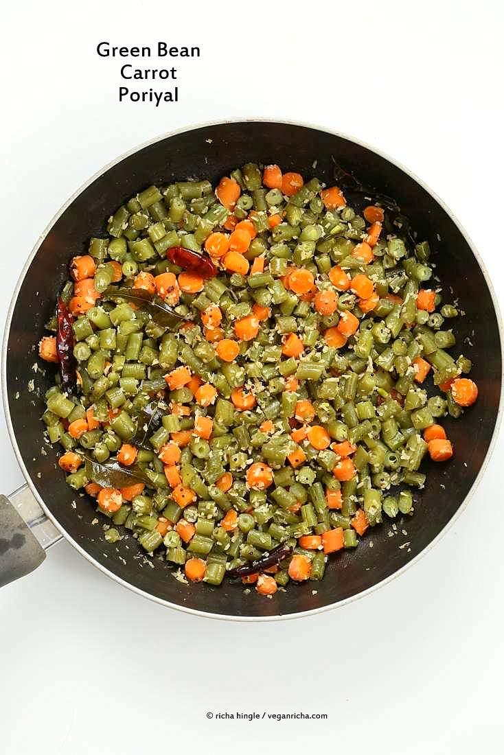 Carrot Green Beans Poriyal. Easy Green Beans Carrot Coconut stir fry side. South Indian Beans Coconut Poriyal Recipe. | VeganRicha.com #vegan #glutenfree #soyfree #indian