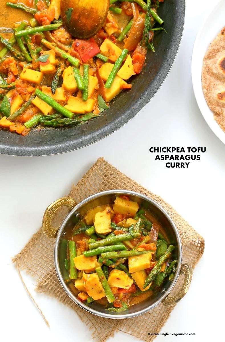 Easy Asparagus Curry with Chickpea Tofu and Indian Spices and tomato sauce. Indian Vegan Gluten-free Soy-free Recipe. Serve with Rice or flatbread. | VeganRicha.com