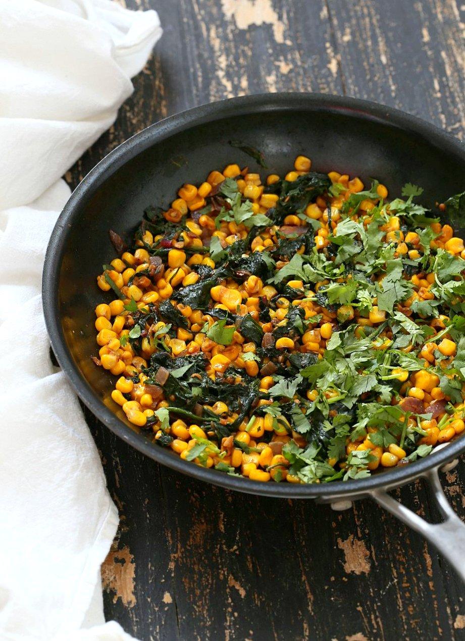 Corn Palak. Curried corn and Greens. Seasonal greens, chard and spinach with corn and spices make for a quick side, taco filling or addition to a salad. Vegan Gluten-free Soy-free Recipe. | VeganRicha.com