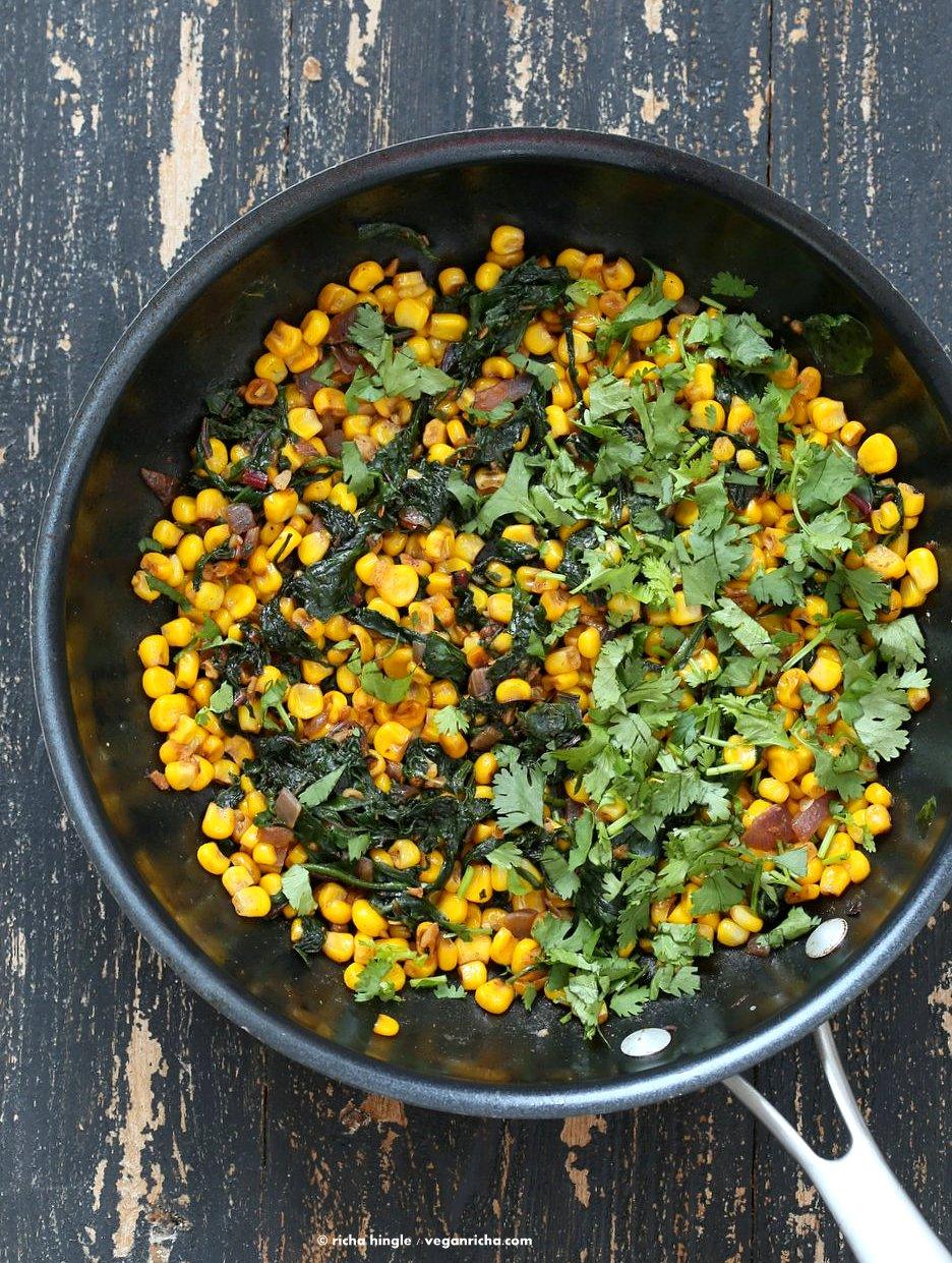 Corn Palak. Curried corn and Greens. Seasonal greens, chard and spinach with corn and spices make for a quick side, taco filling or addition to a salad. Vegan Gluten-free Soy-free Recipe. | VeganRicha.com
