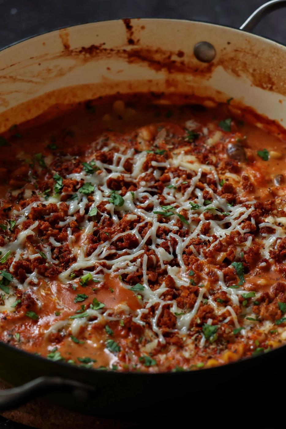 creamy lasagna soup in the pan after cooking
