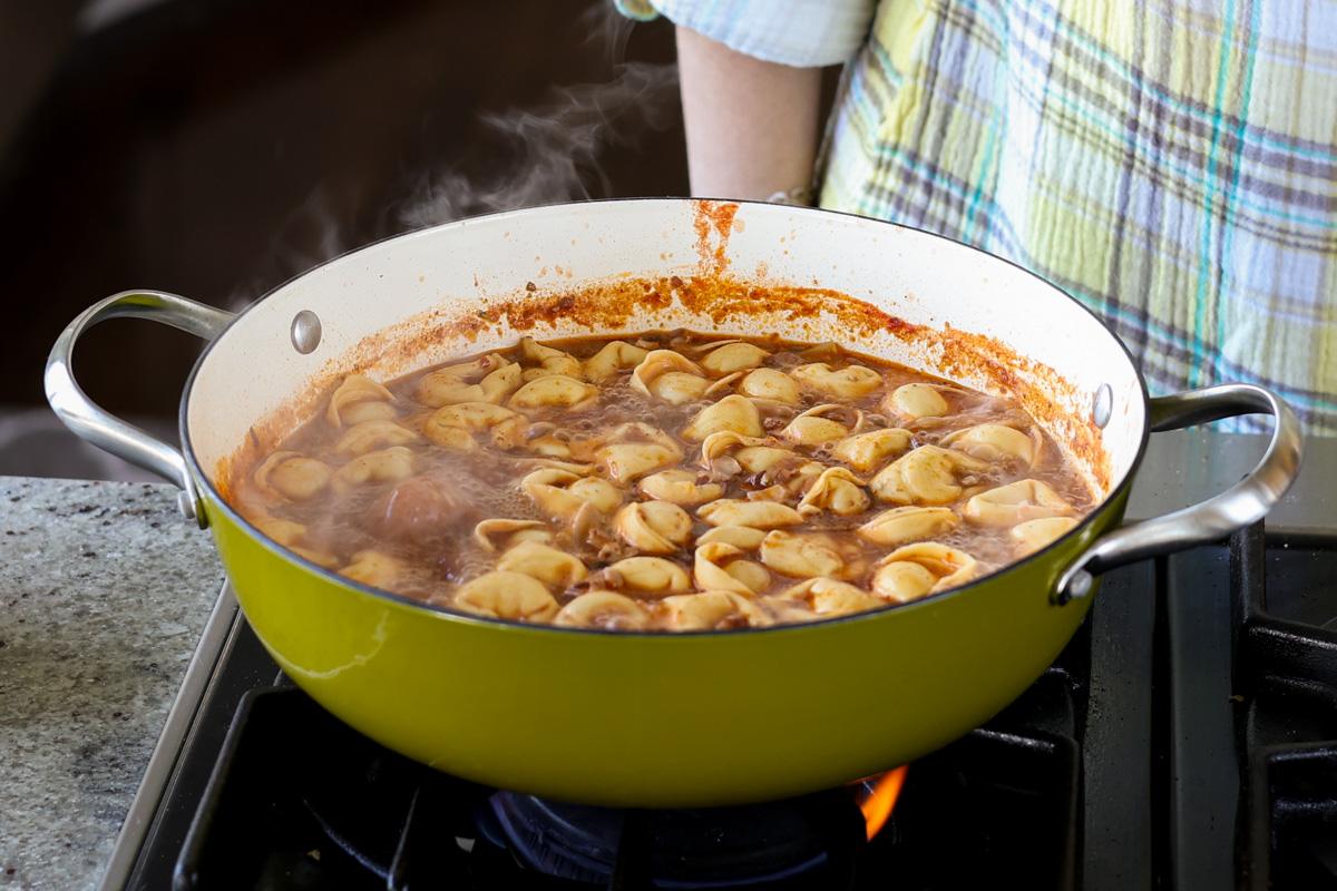 tortellini in the pan before cooking