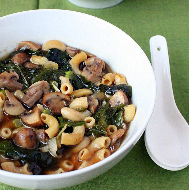 Cremini Mushroom Rainbow chard Shallot soup. Vegan