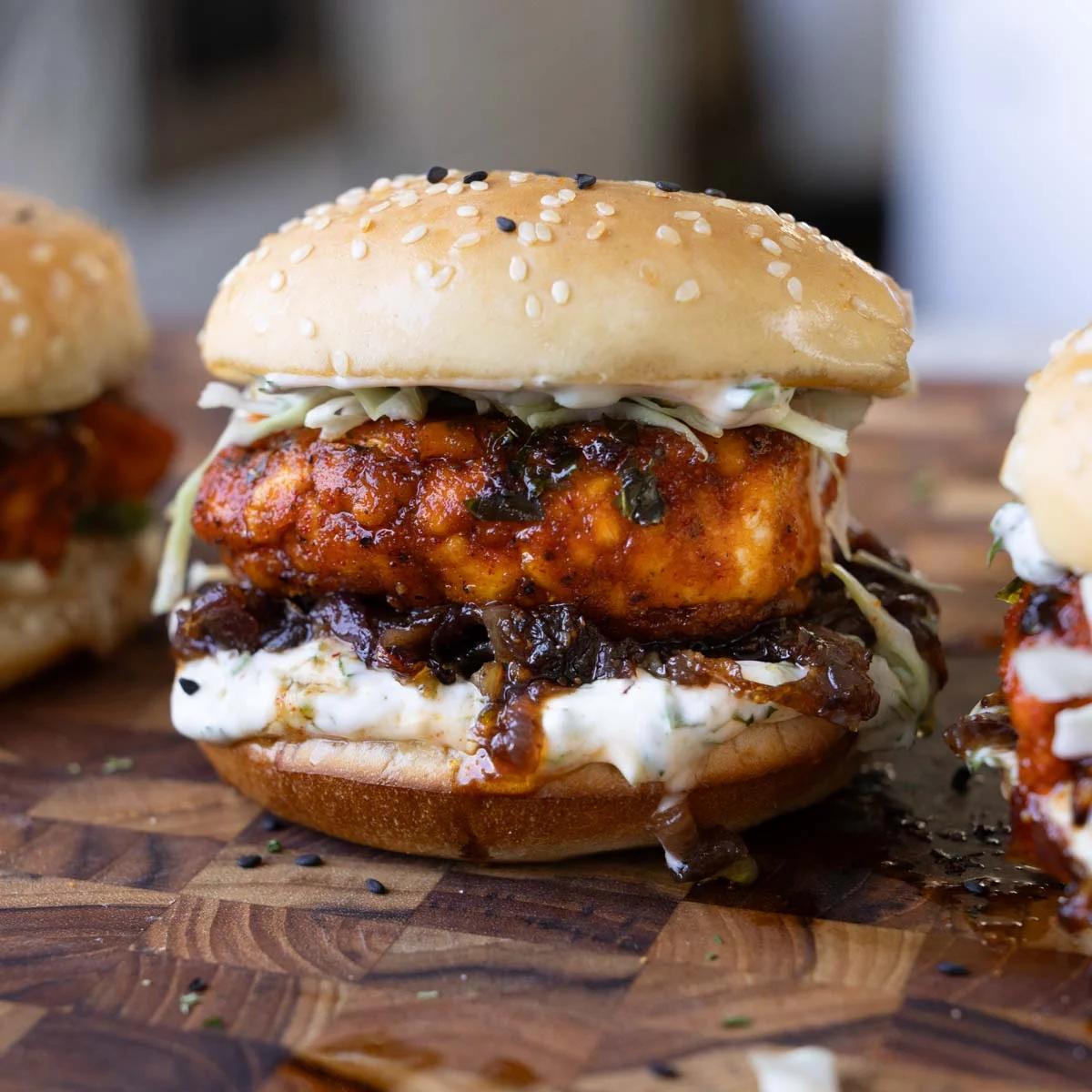 Indian Hot “honey” Curry Tofu Sandwich with Garam Masala Caramelized Onions