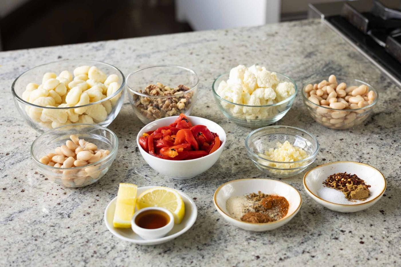 crispy gnocchi Muhammara ingredients on the kitchen counter