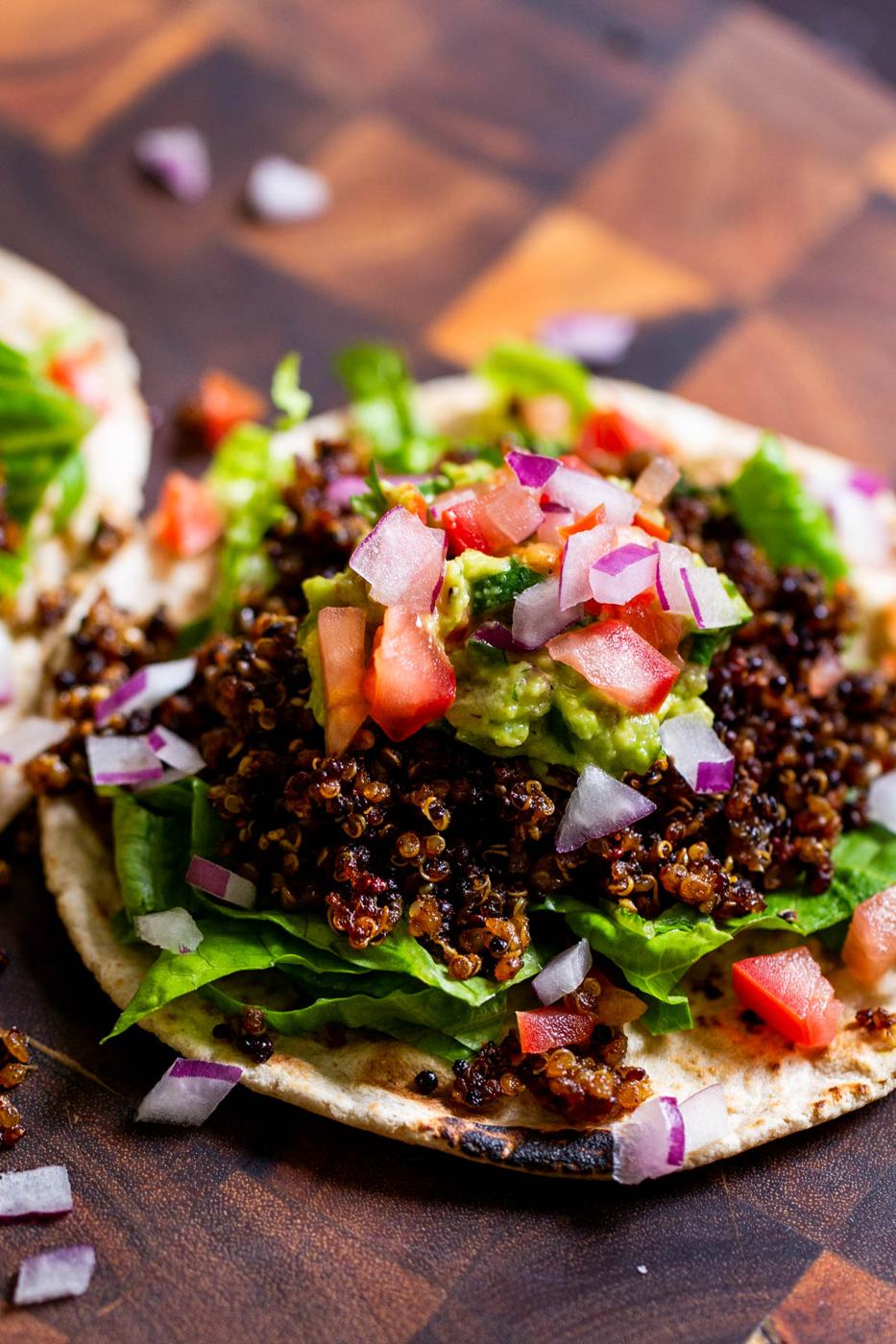 close-up of crispy quinoa tacos, so you can see the texture
