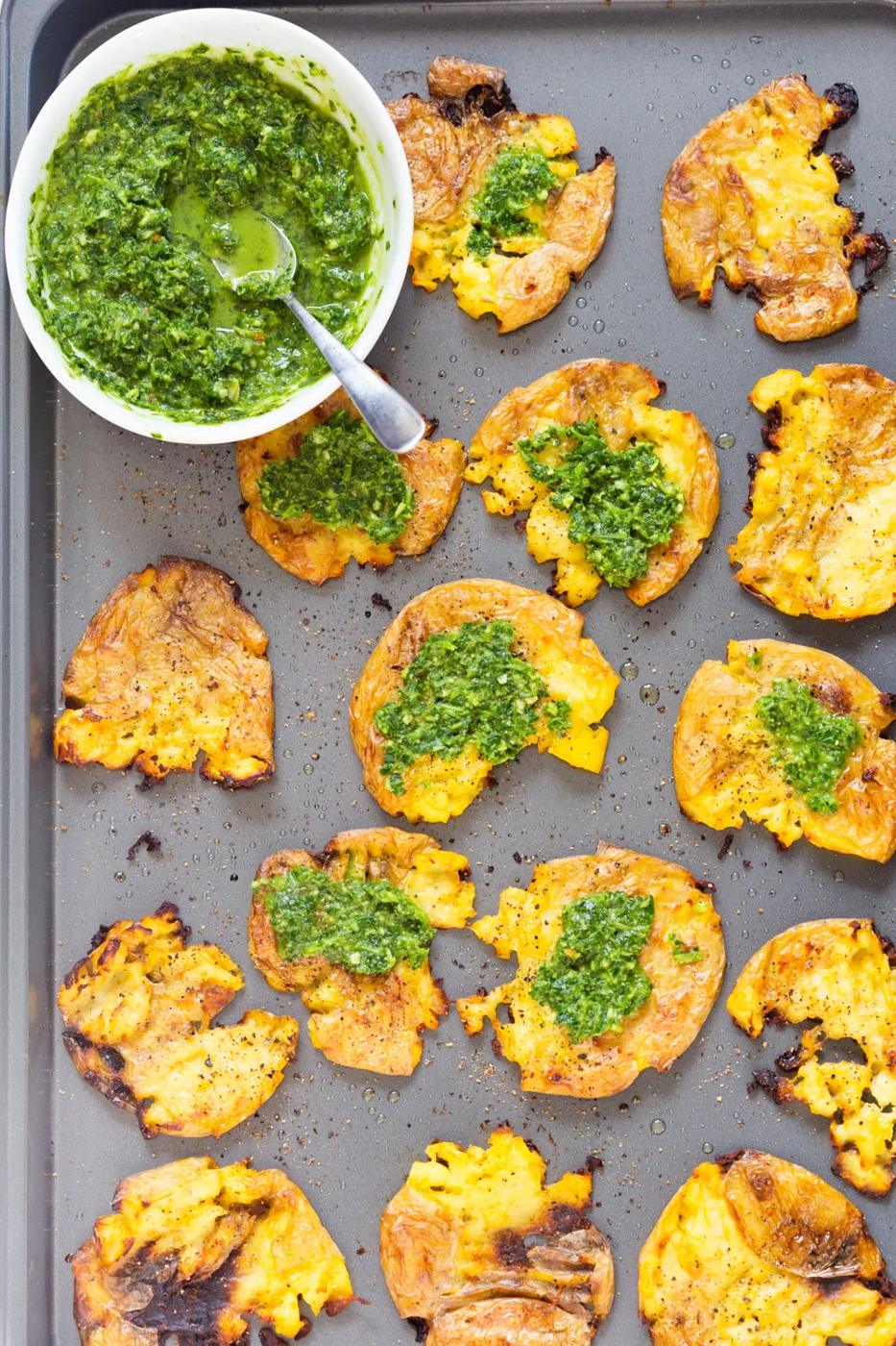 Crispy Vegan Smashed Potatoes with Chimichurri