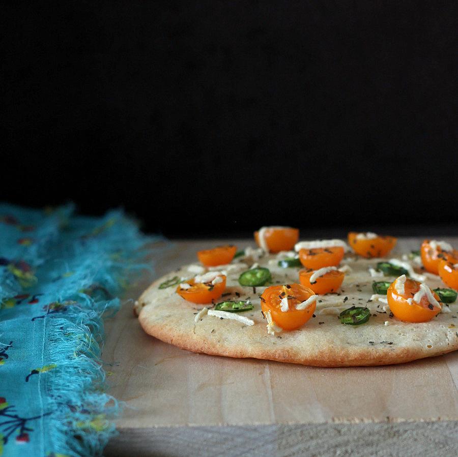 Crunchy Tomato Rings, Pea & Kale pesto on Soft White Gluten-free Pizza Crust. glutenfree gumfree vegan recipe