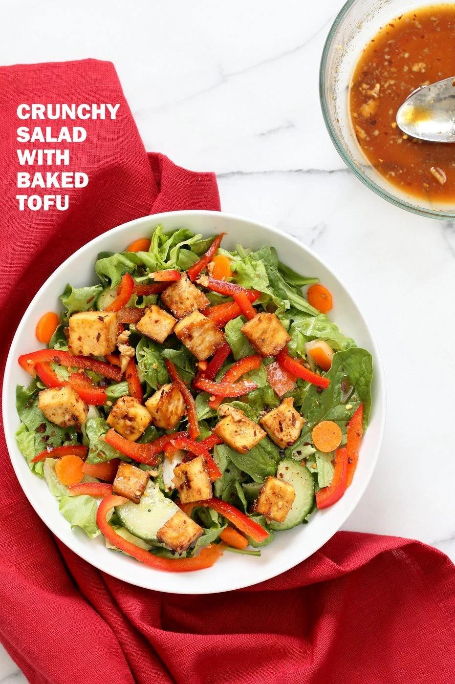Crunchy Vegan Asian Salad With Baked Tofu & Garlic Soy Dressing