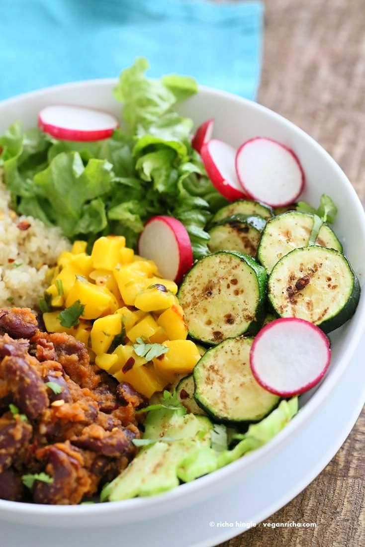 Curried Kidney Beans, Quinoa, Roasted Zucchini, Mango Salsa Bowl | Pitzn