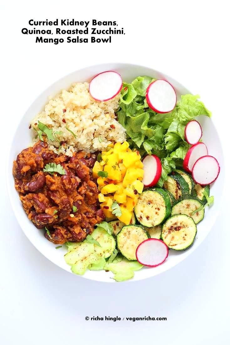 Curried Kidney Beans, Quinoa, Roasted Zucchini, Mango Salsa Bowl
