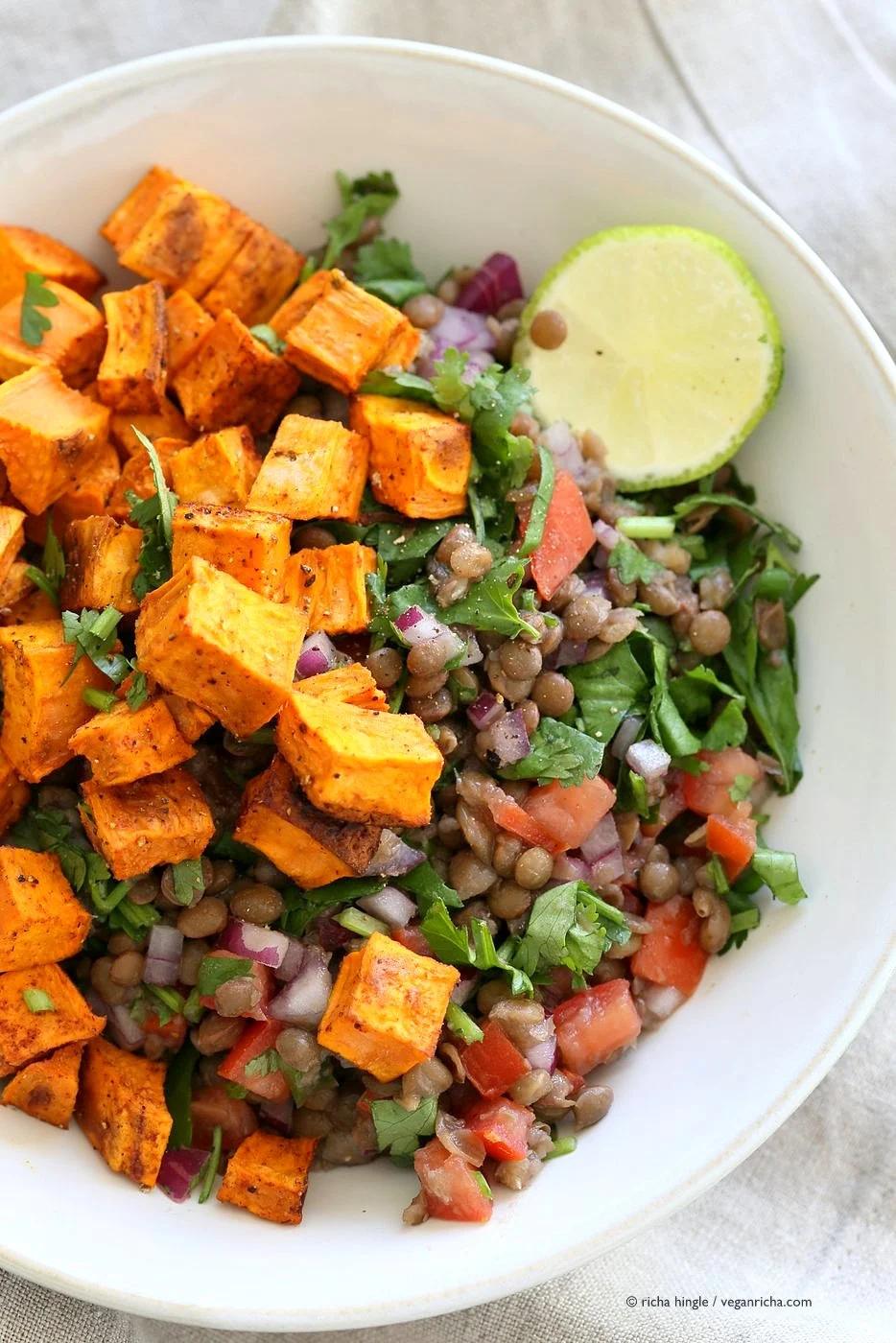 Curried Sweet Potato Lentil Salad. Simple Indian spices, roasted sweet potato, earthy lentils, lime juice and a refreshing lunch bowl. Vegan Gluten-free Soy-free Nut-free Recipe. Can be made oil-free. | VeganRicha.com