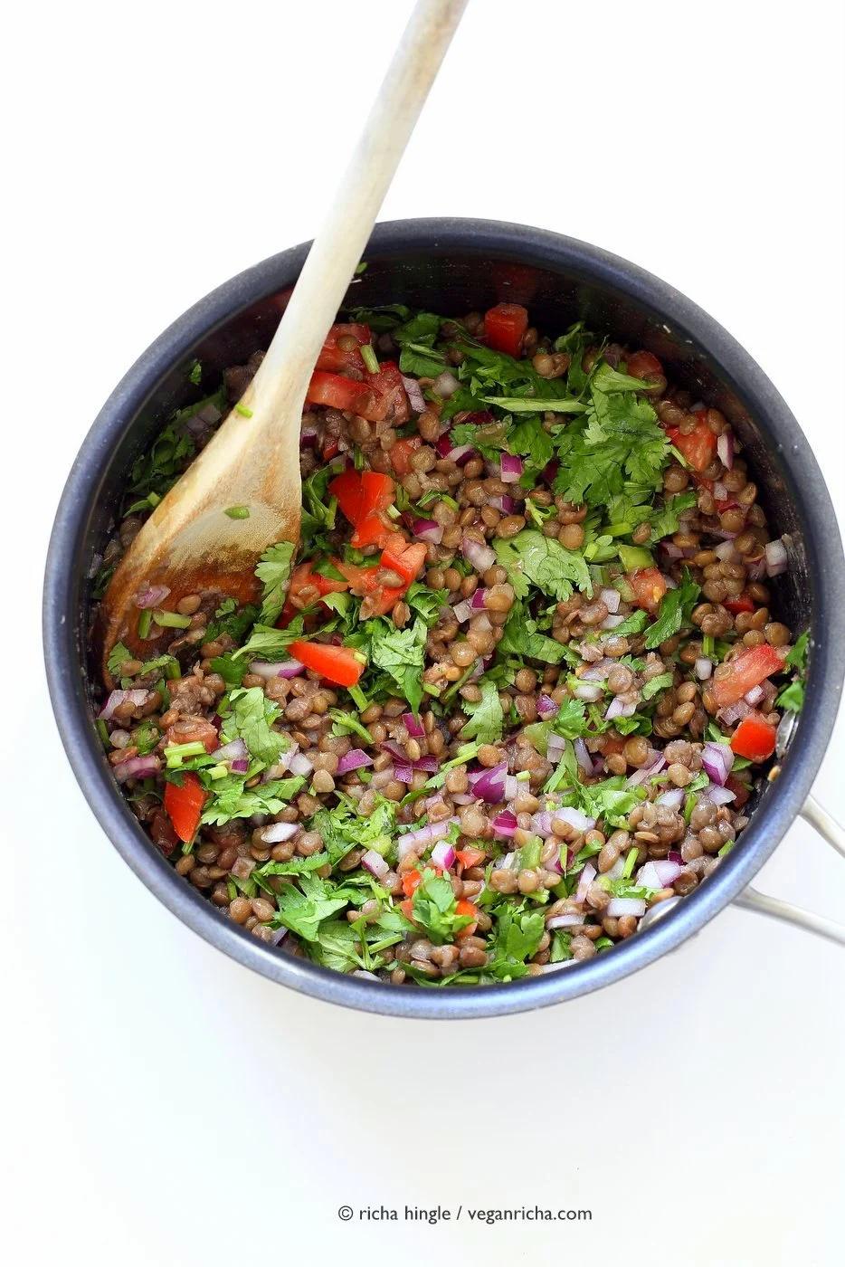 Curried Sweet Potato Lentil Salad. Simple Indian spices, roasted sweet potato, earthy lentils, lime juice and a refreshing lunch bowl. Vegan Gluten-free Soy-free Nut-free Recipe. Can be made oil-free. | VeganRicha.com