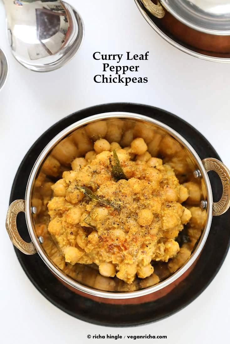 Curry leaf Pepper Chickpeas. Chickpeas in a spicy South Indian pepper, coconut and curry leaf sauce. Use other beans and veggies of choice. | VeganRicha.com #vegan #glutenfree #Indian #chickpeas #recipe