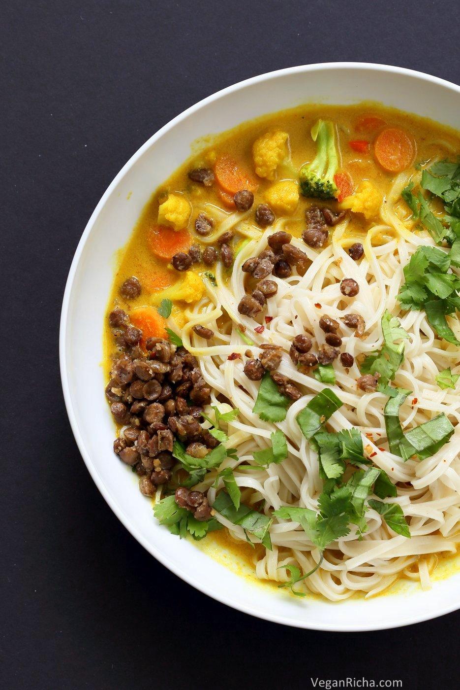 Curry Ramen with Miso Lentils Recipe. Spicy Curry flavored broth, vegetables, noodles, cilantro, basil and maple miso pepper lentils make this a must make vegan ramen. Vegan Gluten-free Soy-free Recipe | VeganRicha.com