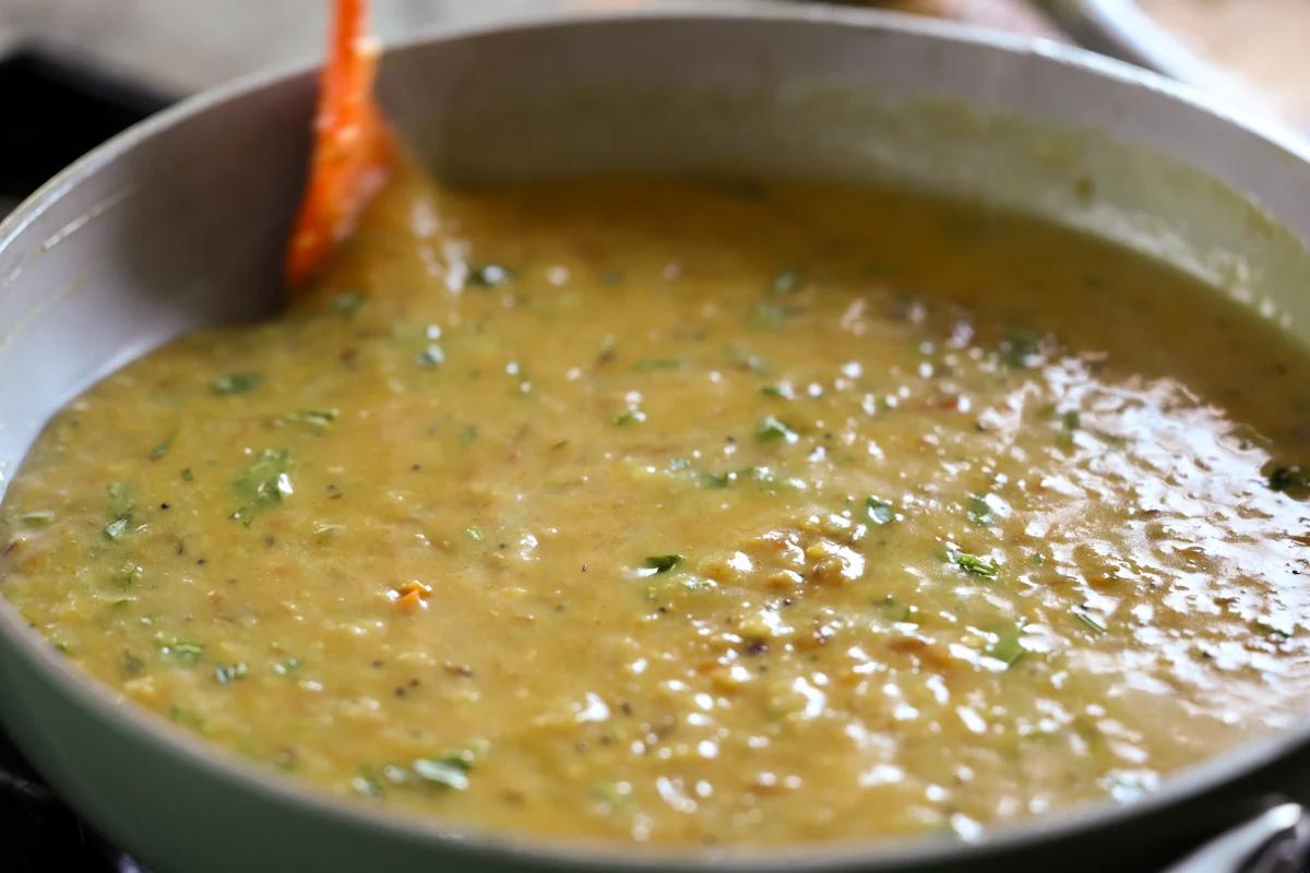 dal fry in the pan after adding the cilantro