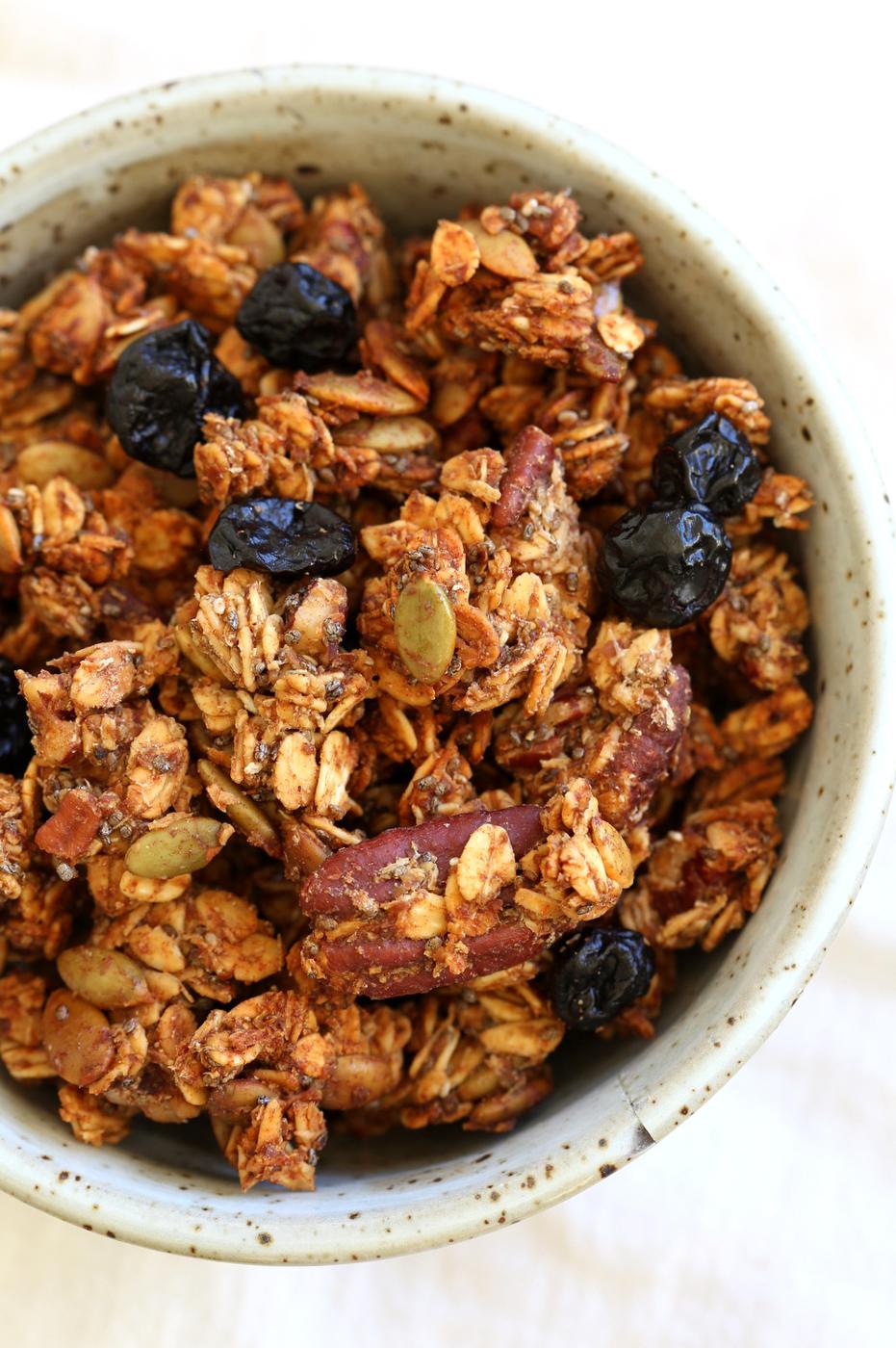 This Date Caramel Maple Pecan Granola is lightly sweet and perfect for any time. Pecans, Oats, coconut, pumpkin and chia seeds and dried blueberries tossed in date caramel and baked to perfection. #Vegan #Granola #Glutenfree #Soyfree #Recipe #VeganRicha Can be nutfree.