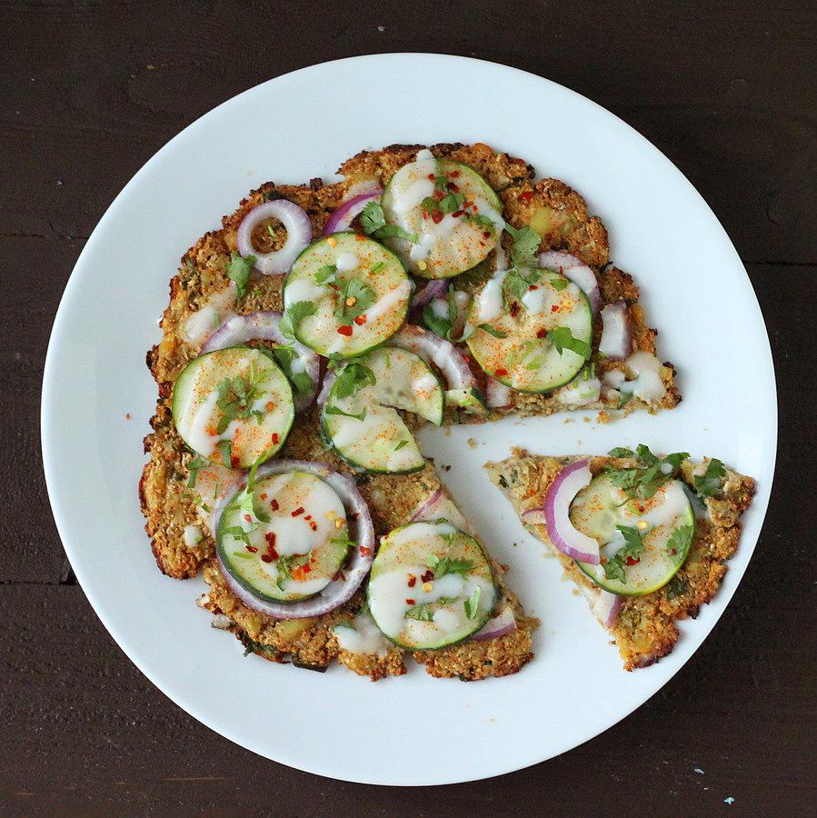 Deconstructed Gobi Paratha (Cauliflower Potato Crust) Pizza with Cucumber and Yogurt Raita. vegan glutenfree grainfree recipe