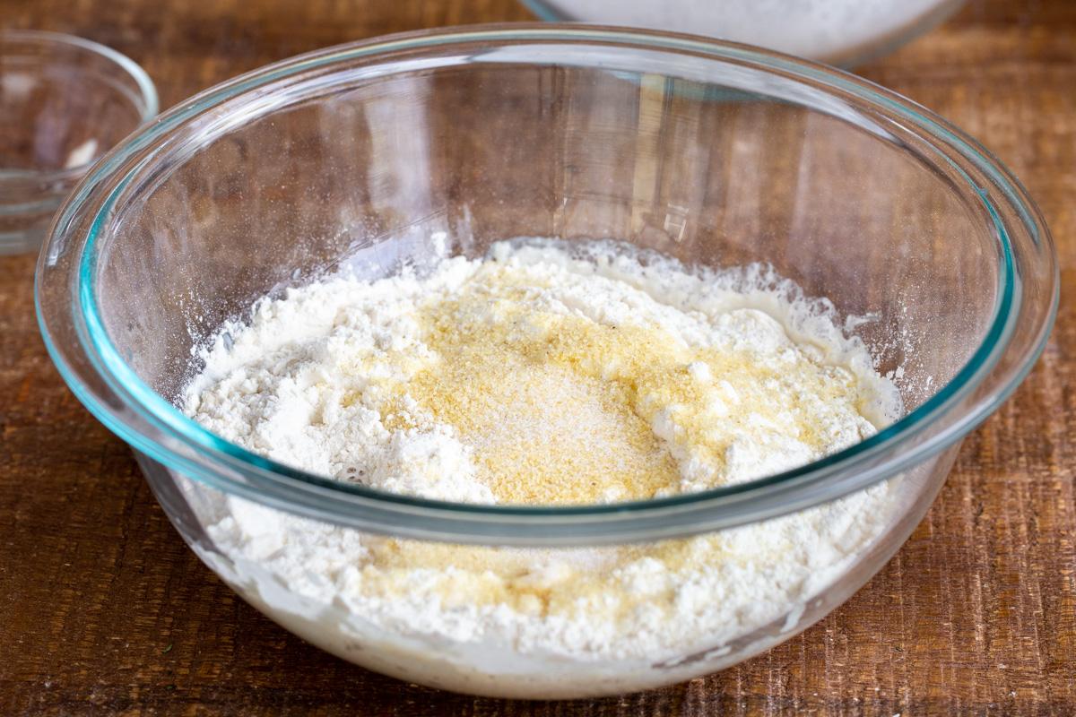 dry ingredients for pretzel crust pizza dough in a bowl