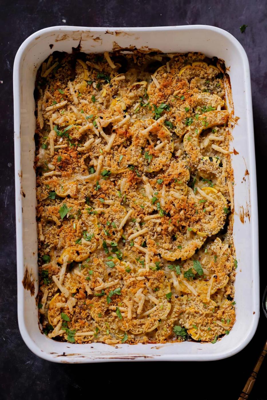 delicata squash casserole in the baking pan after baking