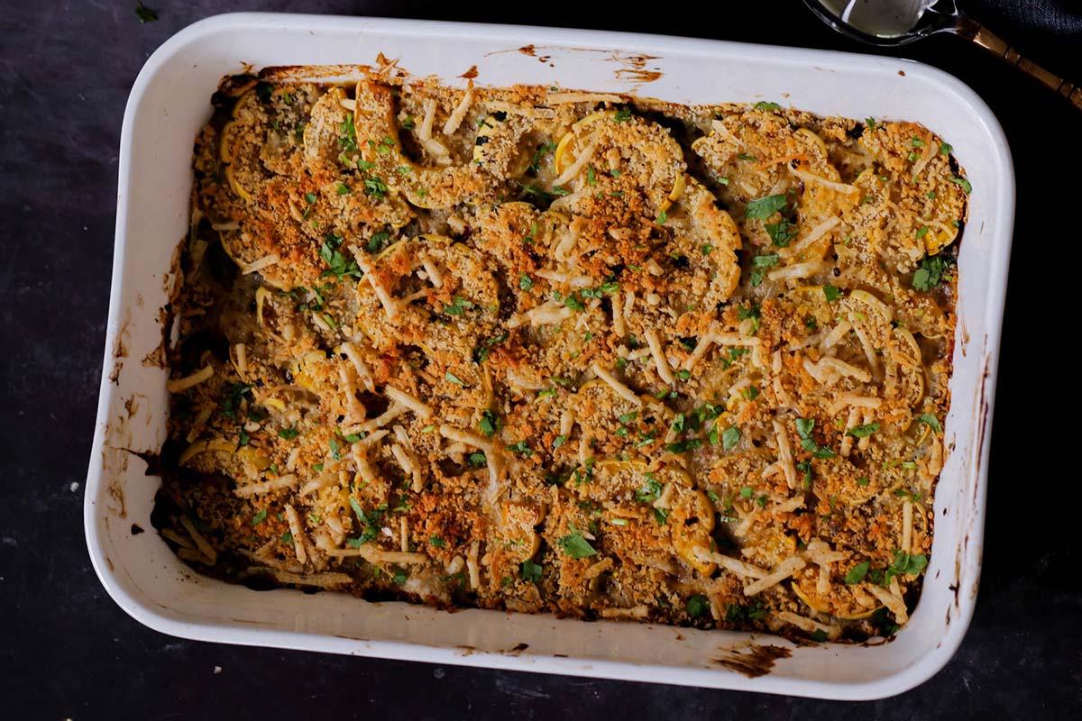 delicata squash casserole in the baking pan after baking