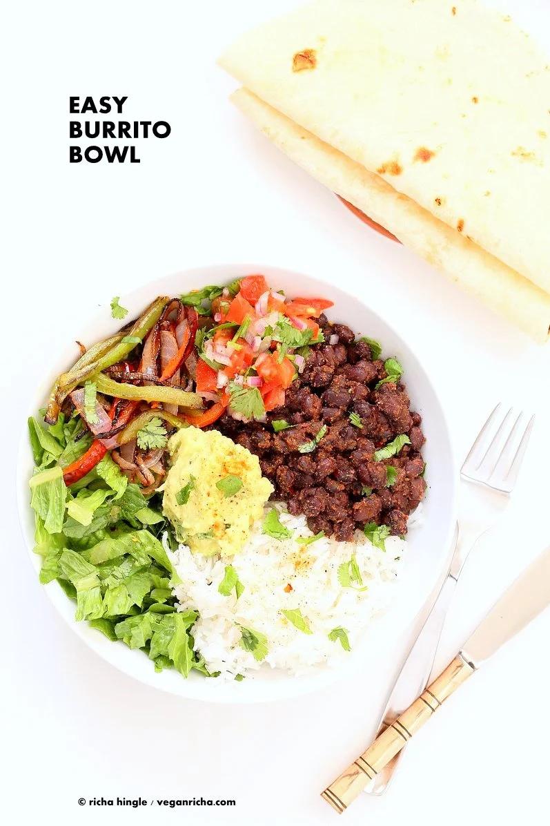 Easy Black Bean Burrito Bowl. Spicy black beans, roasted peppers and veggies, zesty guacamole, pico de gallo, fresh lettuce. DIY Burrito Bowl Chipotle style. | VeganRicha.com #vegan #glutenfree #soyfree #bowl #recipe