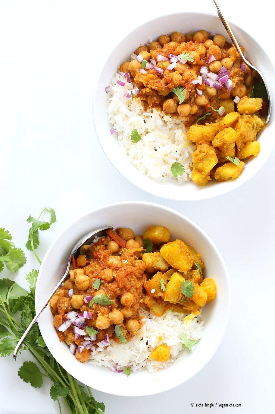 Easy Chickpea Curry Spiced Potato Bowl. Quick Chickpea Curry served with rice or cooked grains and 5 ingredient Spiced Potatoes. Vegan Gluten-free Soy-free Recipe | VeganRicha.com