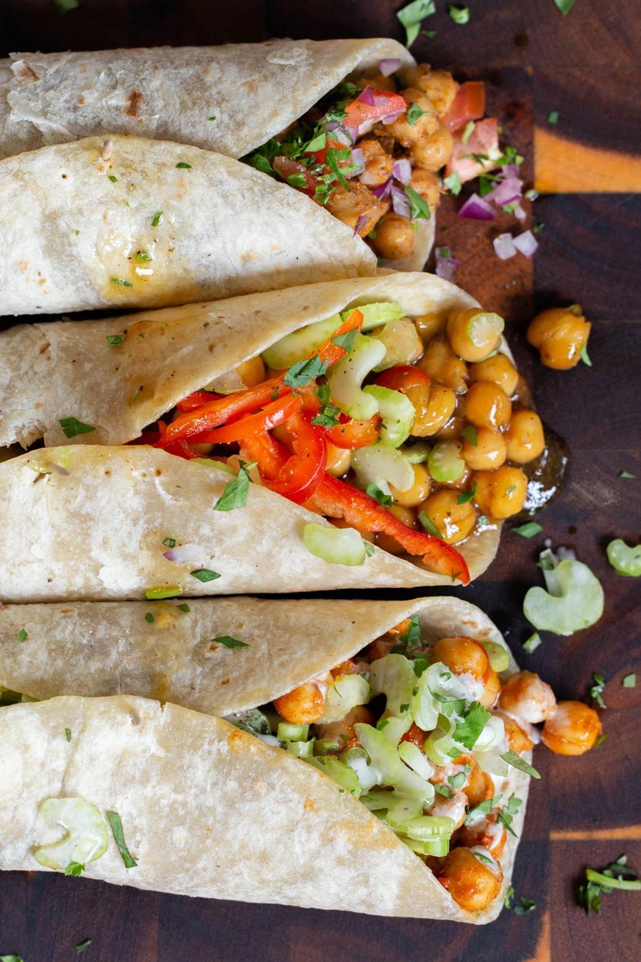 Easy Chickpea Wraps, 3 Ways (Berbere, Buffalo Cajun, Lemon pepper)
