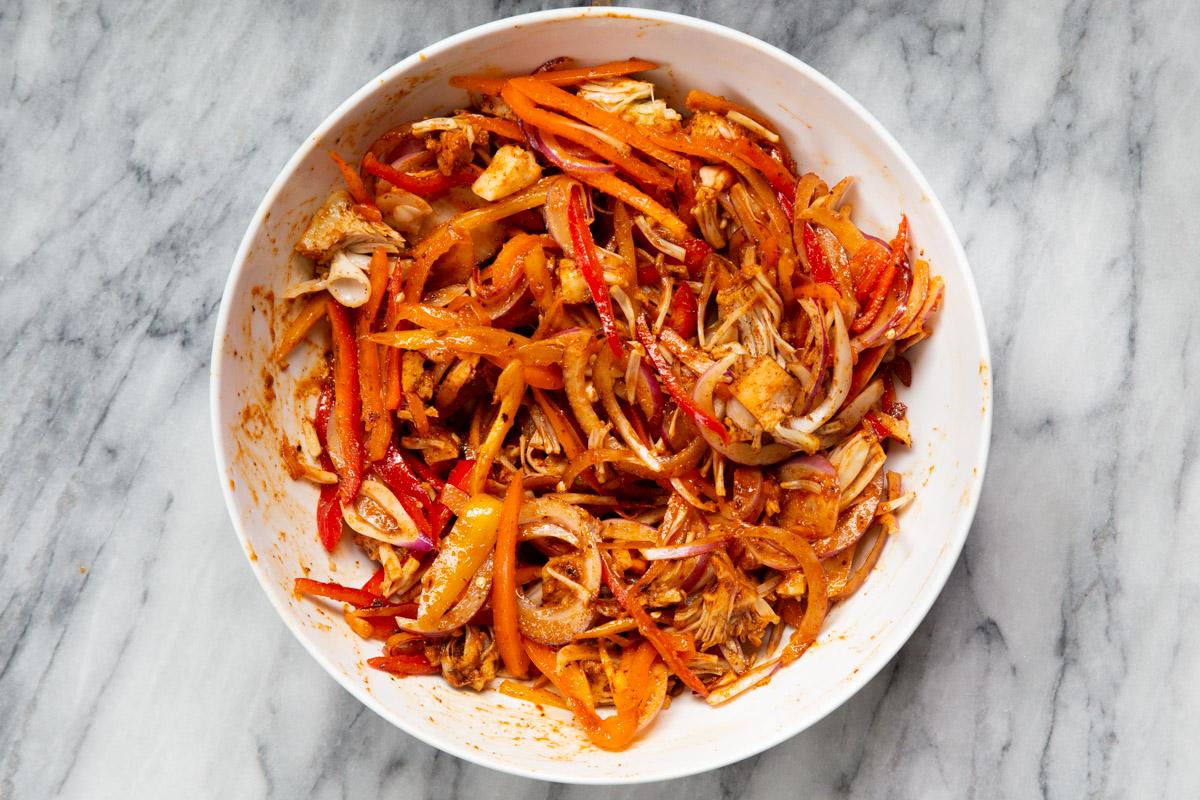 shredded jackfruit and veggies tossed with marinade ingredients